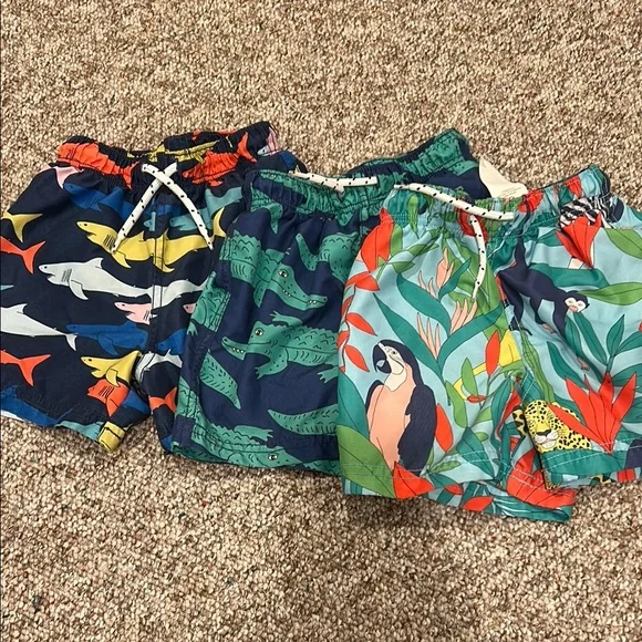 Mini Boden Boys Tropical Swim Shorts Trio - Sharks, Crocodiles & Parrots - Picture 1 of 13